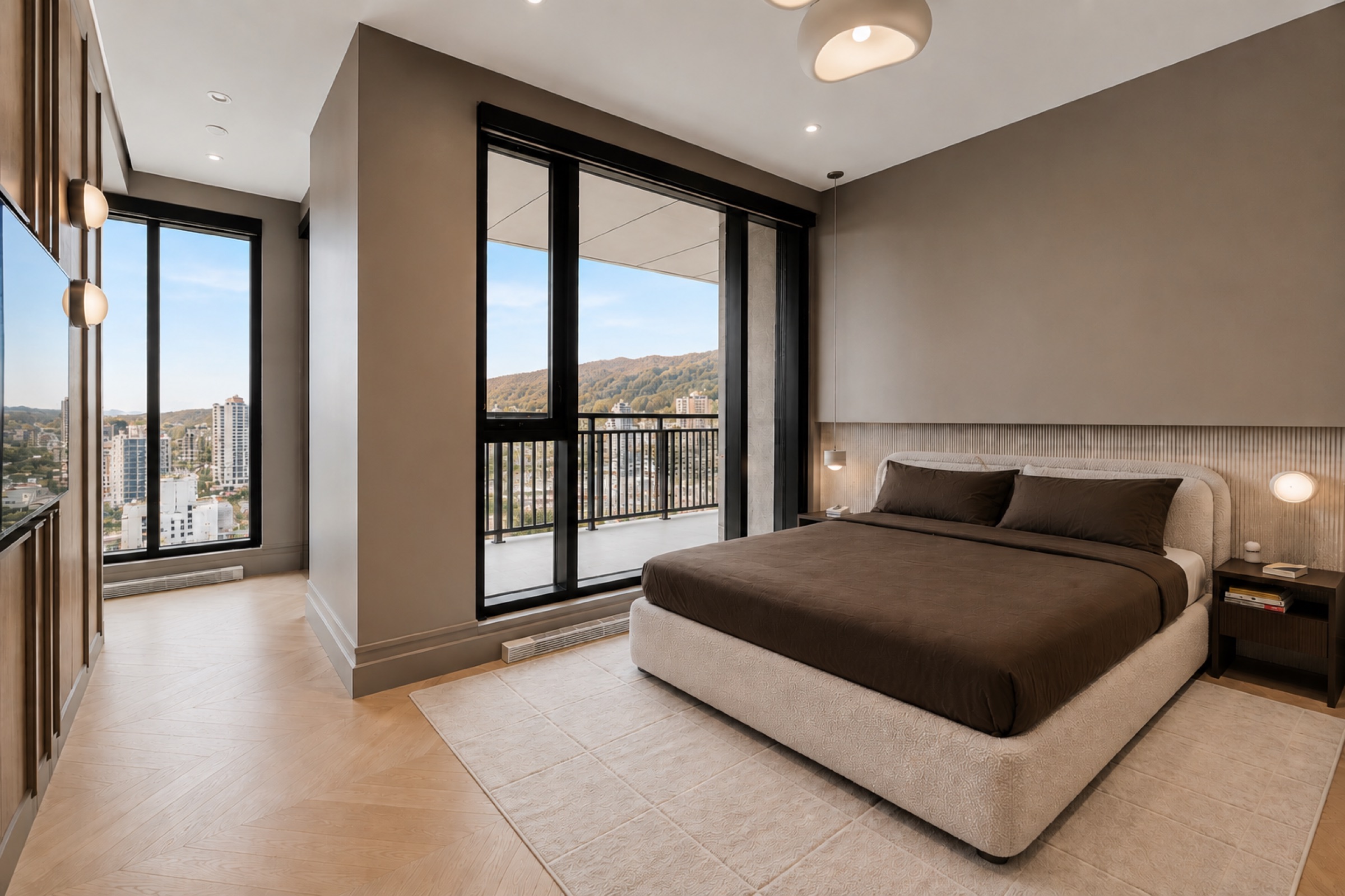 Chambre des maîtres avec vue sur le Mont-Royal, plancher chevron, mur béton et rideaux intégrés