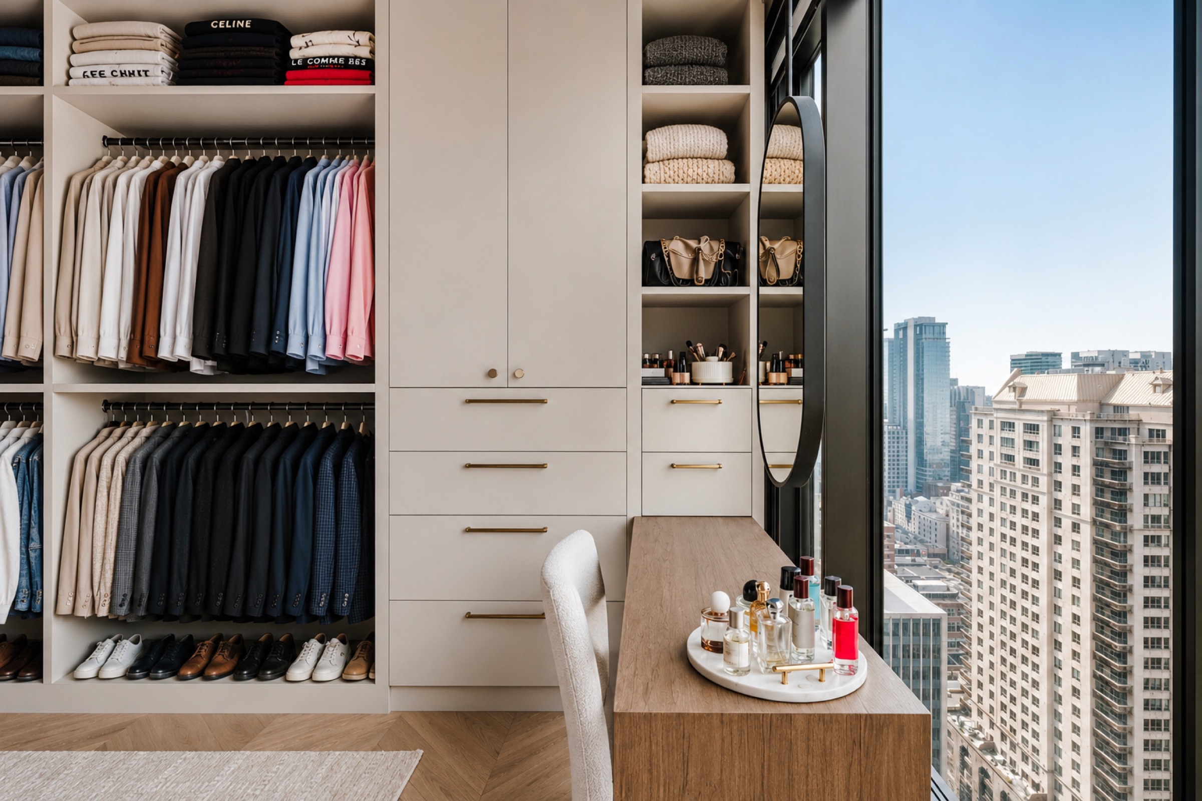 Dressing, maquilleuse intégrée avec miroir rond et quincaillerie en laiton