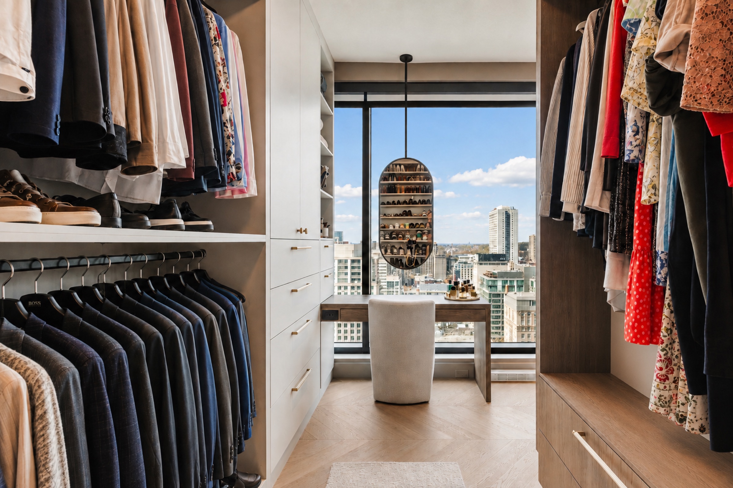 Dressing, perspective vers la maquilleuse et la vue urbaine